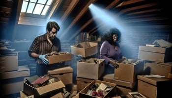 two people looking through boxes in an attic full of boxes. They are trying to decide what to do with all of the things that someone they loved owned, but passed away. They are sad and confused.