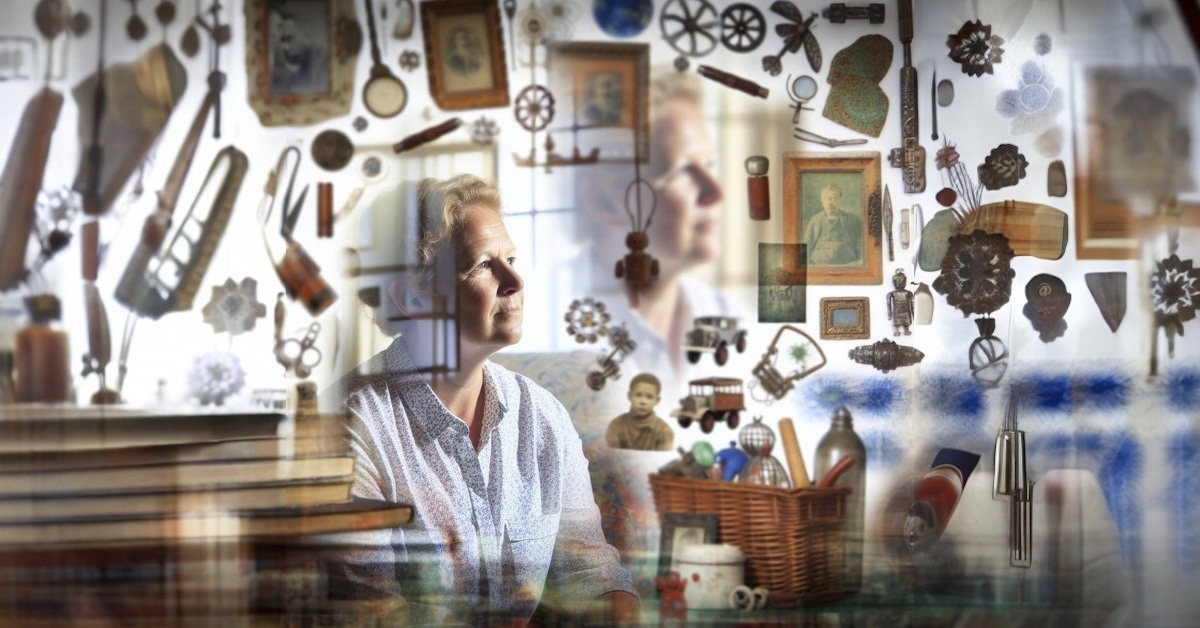 An image of a person surrounded by sentimental objects, reflecting on the emotional value and connection each item holds. The room is cluttered with items that evoke memories and nostalgia, creating a sense of comfort and stability in a changing world.