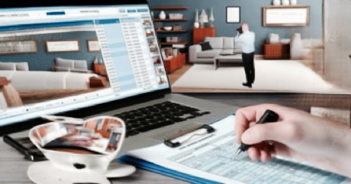 A man dressed in business casual standing in a living room, taking photos. In the foreground is someone filling out a form without open laptop, showing a list of items.